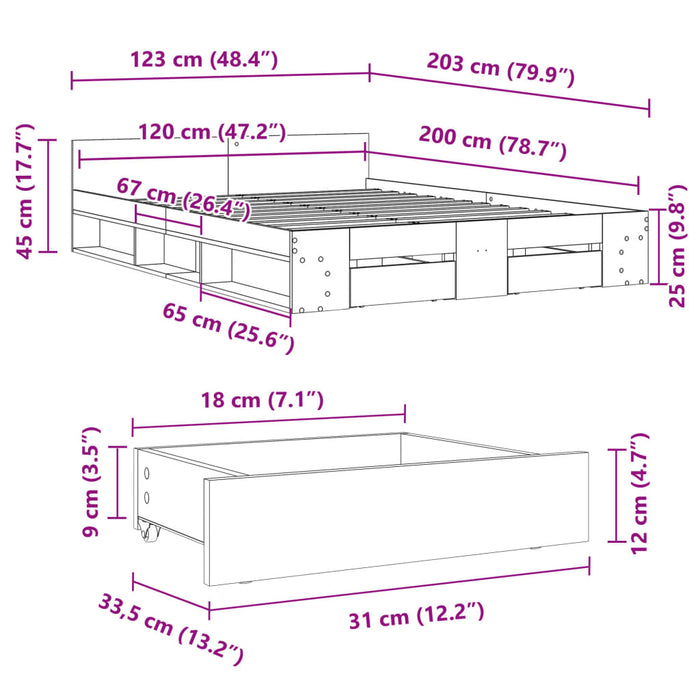 Cadru de pat cu sertare gri sonoma 120x200 cm lemn prelucrat - WALTI WALTI