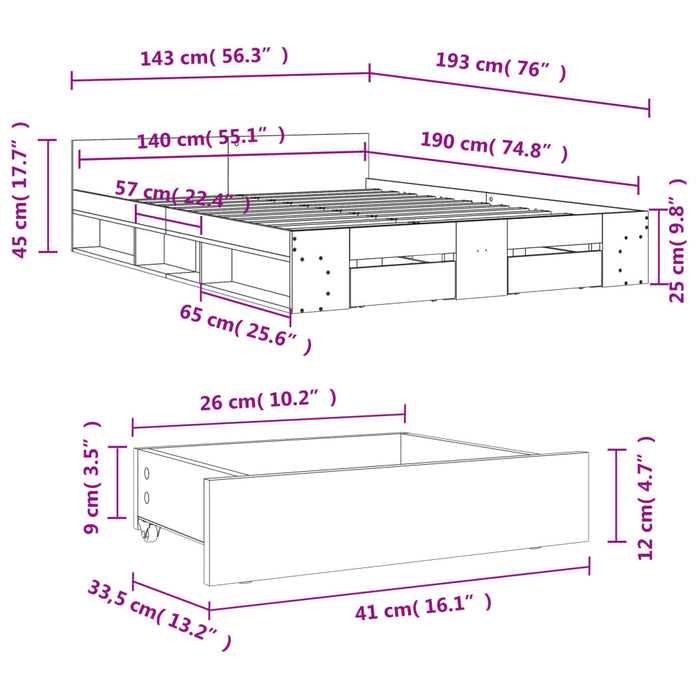 Cadru de pat cu sertare, gri beton, 140x190 cm, lemn prelucrat WALTI
