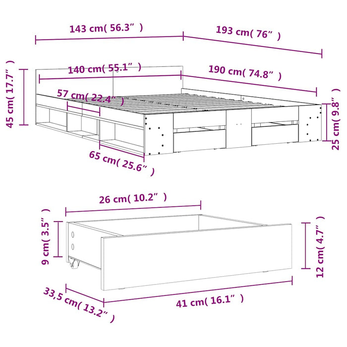 Cadru pat cu sertare stejar fumuriu 140x190 cm lemn prelucrat - WALTI WALTI