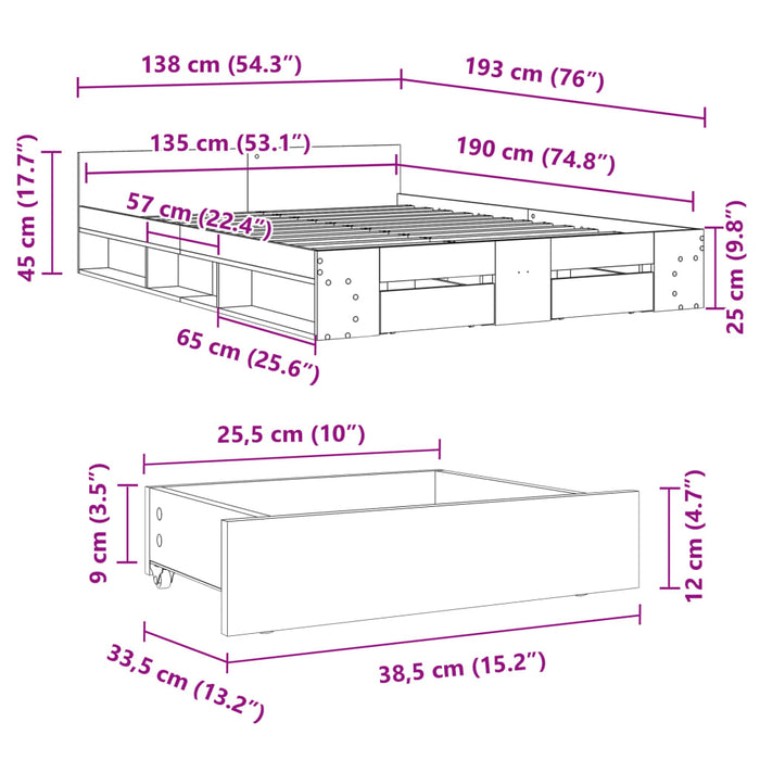 Cadru de pat cu sertare, alb, 135x190 cm, lemn prelucrat WALTI