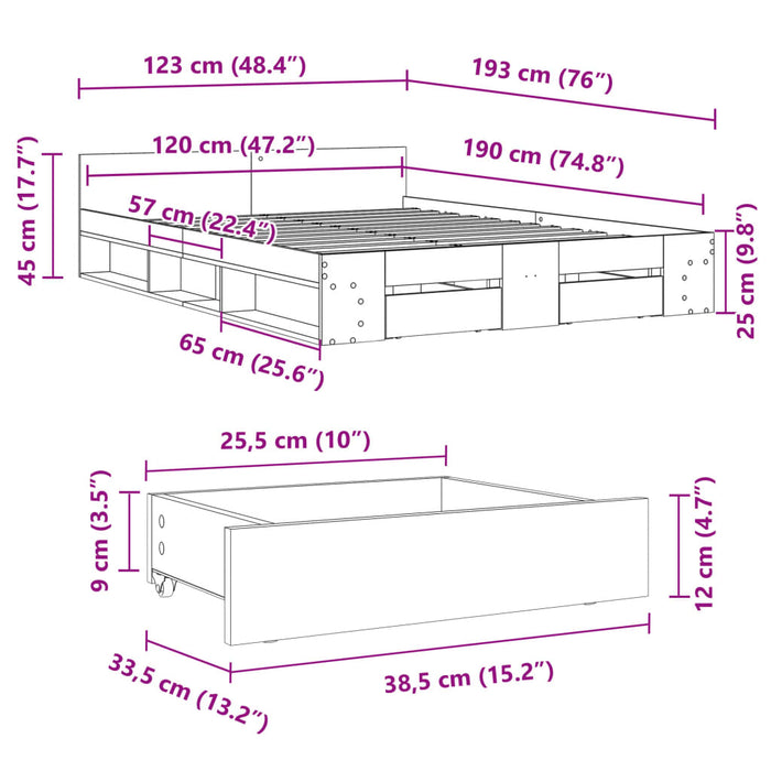 Cadru de pat cu sertare, gri beton, 120x190 cm, lemn prelucrat - WALTI WALTI