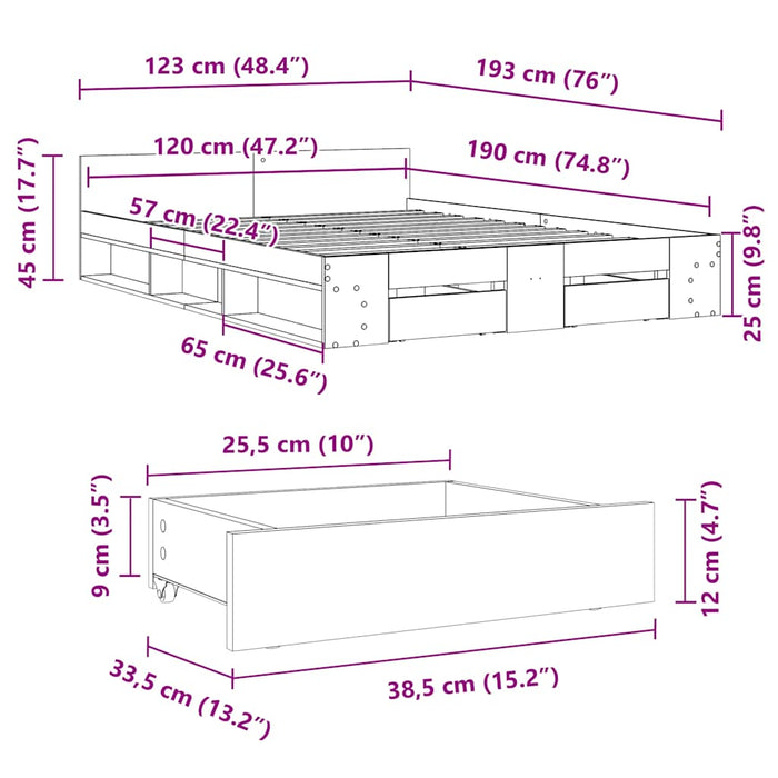 Cadru de pat cu sertare gri sonoma 120x190 cm lemn prelucrat WALTI
