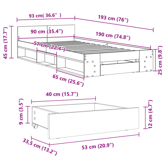 Cadru de pat cu sertar, negru, 90x190 cm, lemn prelucrat - WALTI WALTI