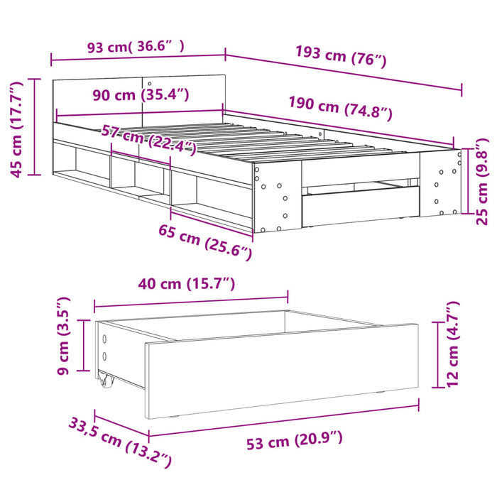 Cadru de pat cu sertar, gri beton, 90x190 cm, lemn prelucrat - WALTI WALTI