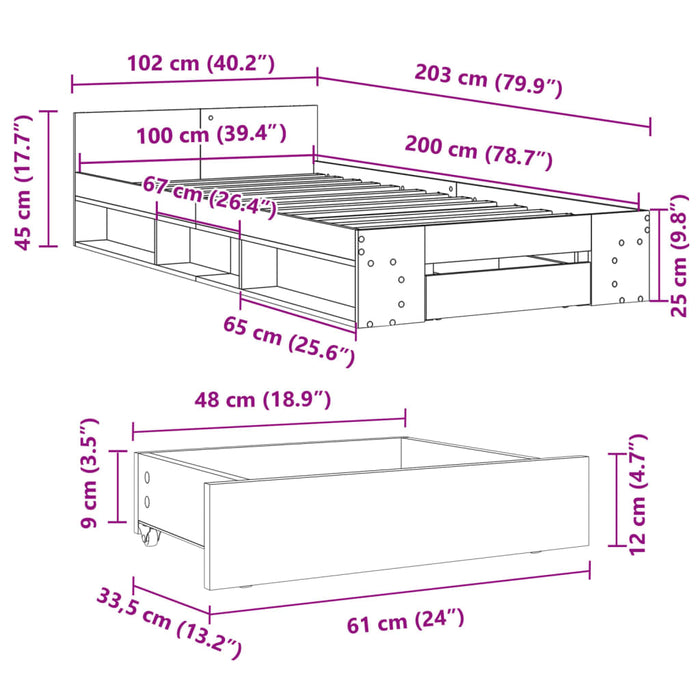 Cadru de pat cu sertar, gri beton, 100x200 cm, lemn prelucrat - WALTI WALTI