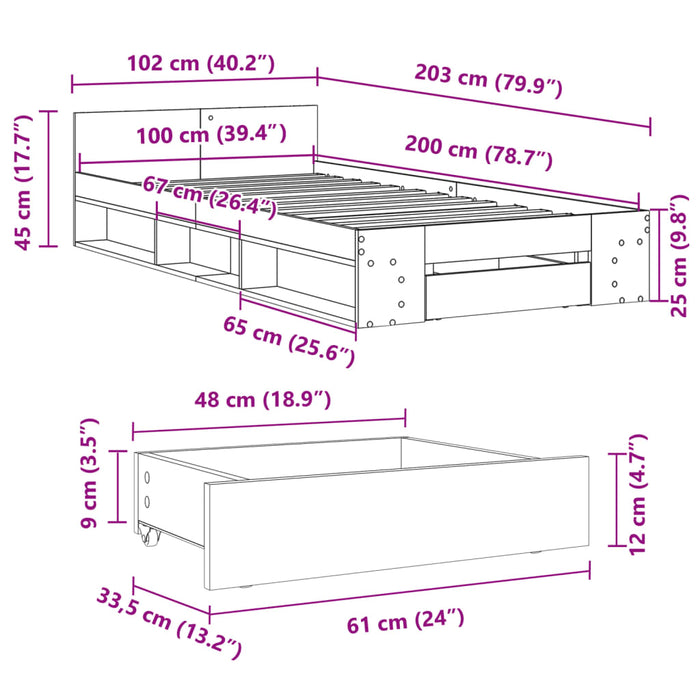 Cadru de pat cu sertar gri sonoma 100x200 cm lemn prelucrat WALTI