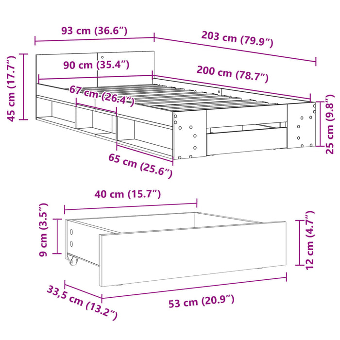 Cadru de pat cu sertar, gri beton, 90x200 cm, lemn prelucrat - WALTI WALTI