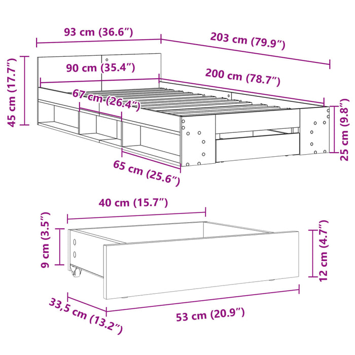 Cadru pat cu sertar stejar fumuriu, 90x200 cm, lemn prelucrat - WALTI WALTI