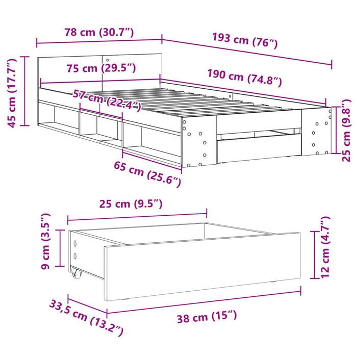 Cadru de pat cu sertar stejar sonoma 75x190 cm lemn prelucrat - WALTI WALTI