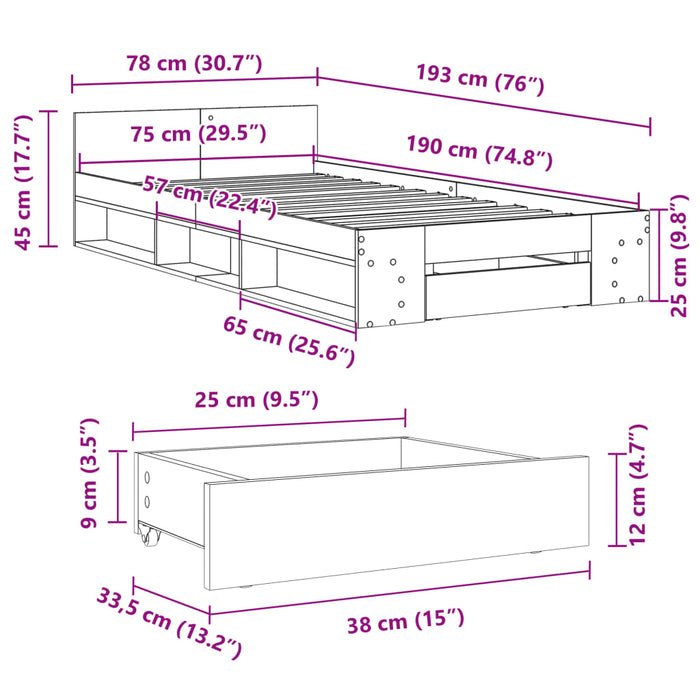 Cadru de pat cu sertar stejar fumuriu 75x190 cm lemn prelucrat - WALTI WALTI