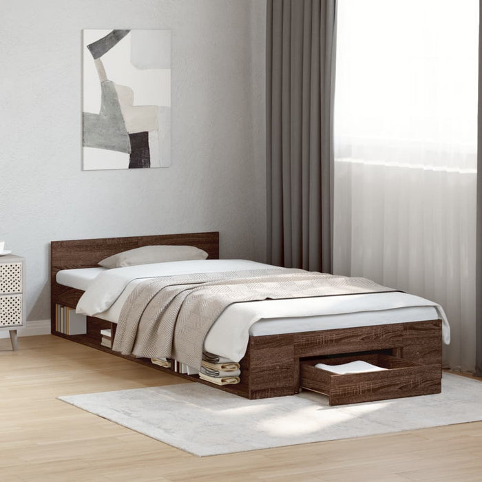 Cadru de pat cu sertar stejar maro 75x190 cm lemn prelucrat - WALTI WALTI