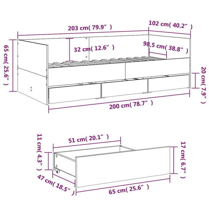 Pat de zi cu sertare fără saltea, gri sonoma, 100x200 cm - WALTI WALTI