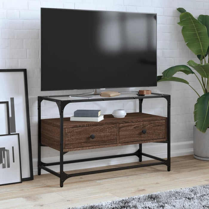 Dulap TV blat sticlă, stejar maro, 80x35x51 cm lemn prelucrat - WALTI WALTI
