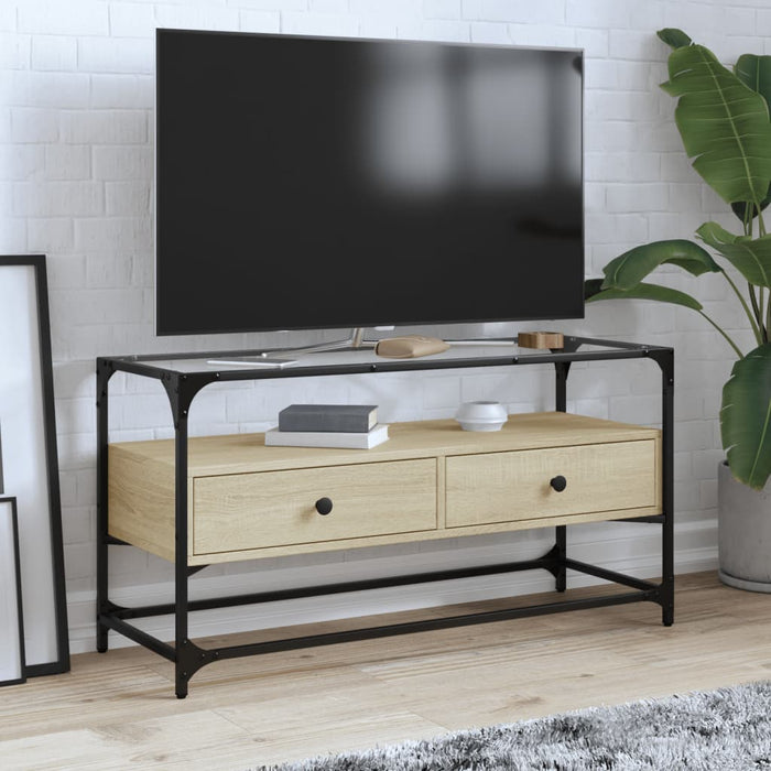 Dulap TV blat sticlă, stejar sonoma, 98x35x51 cm lemn prelucrat - WALTI WALTI