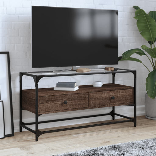 Dulap TV blat sticlă, stejar maro, 98x35x51 cm lemn prelucrat - WALTI WALTI