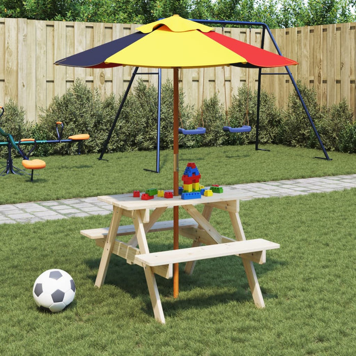 Masă de picnic pentru 4 copii, cu umbrelă, lemn masiv brad WALTI
