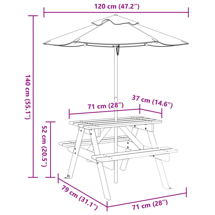 Masă de picnic pentru 4 copii, cu umbrelă, lemn masiv brad - WALTI WALTI