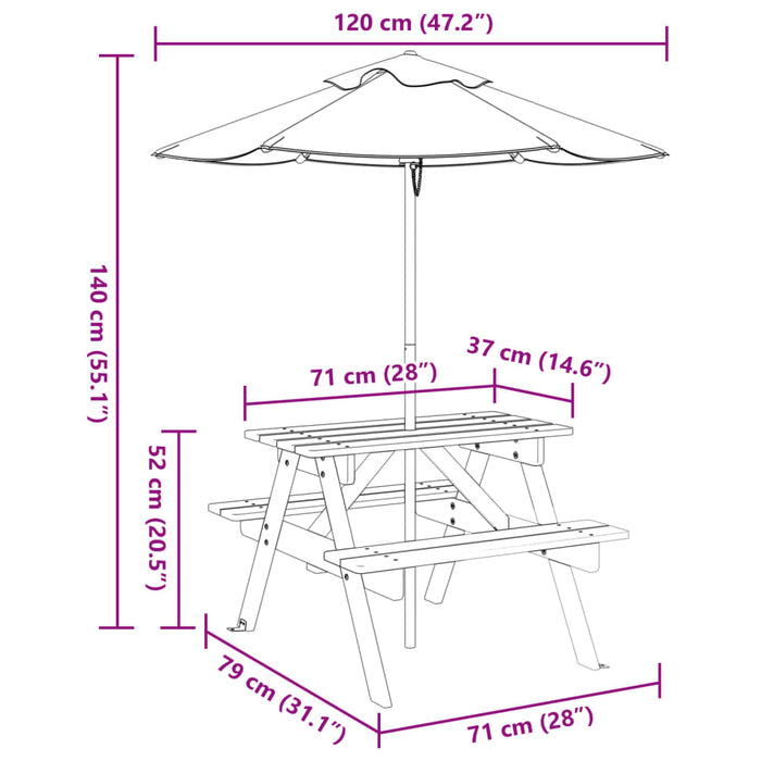 Masă de picnic pentru 4 copii, cu umbrelă, lemn masiv brad - WALTI WALTI