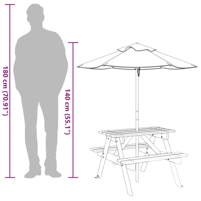 Masă de picnic pentru 4 copii, cu umbrelă, lemn masiv brad - WALTI WALTI