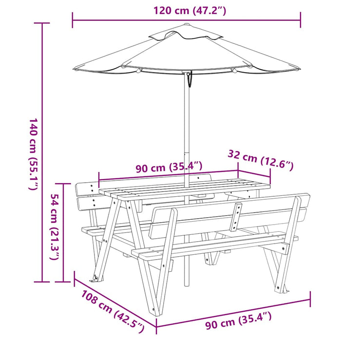 Masă de picnic pentru 4 copii, cu umbrelă, lemn masiv brad - WALTI WALTI