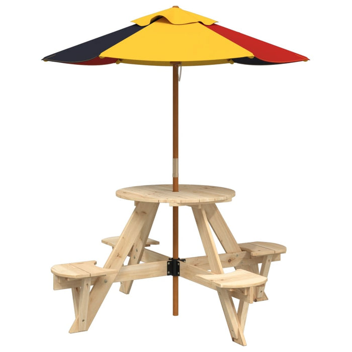 Masă picnic pentru 4 copii cu umbrelă, rotundă, lemn masiv brad WALTI