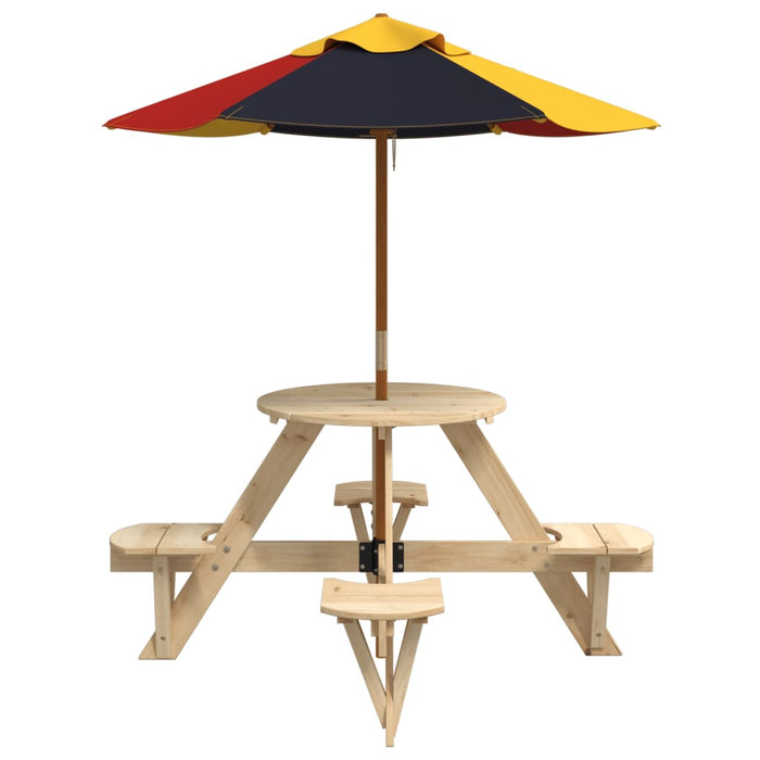 Masă picnic pentru 4 copii cu umbrelă, rotundă, lemn masiv brad WALTI