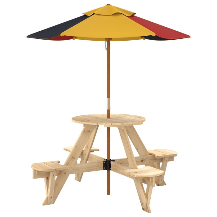 Masă picnic pentru 4 copii cu umbrelă, rotundă, lemn masiv brad WALTI
