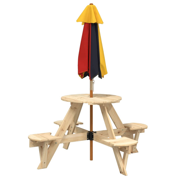Masă picnic pentru 4 copii cu umbrelă, rotundă, lemn masiv brad WALTI