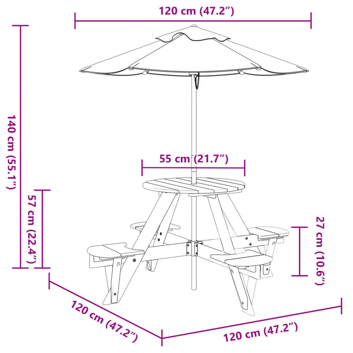 Masă picnic pentru 4 copii cu umbrelă, rotundă, lemn masiv brad - WALTI WALTI