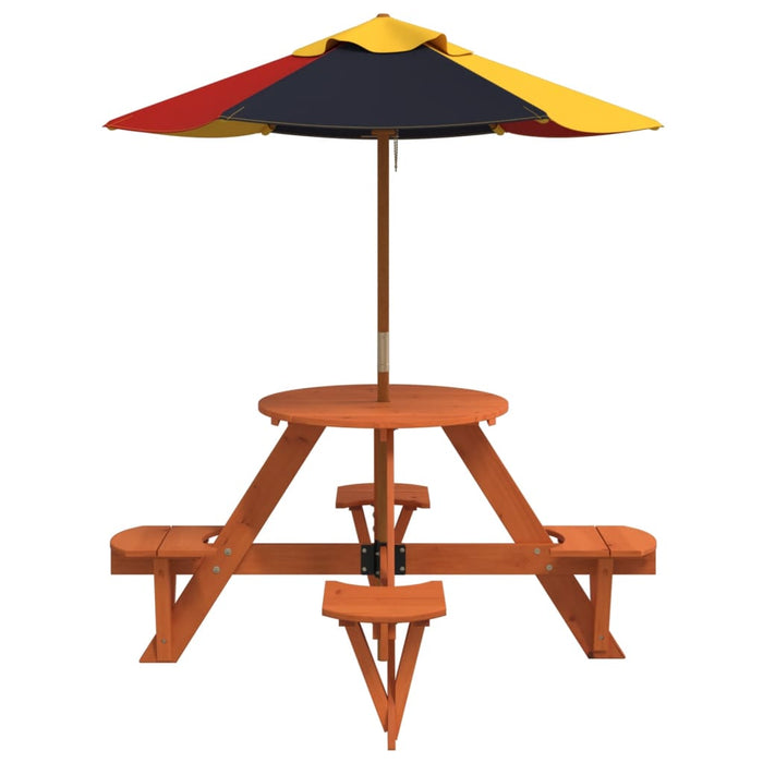 Masă picnic pentru 4 copii cu umbrelă, rotundă, lemn masiv brad WALTI