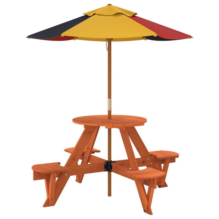 Masă picnic pentru 4 copii cu umbrelă, rotundă, lemn masiv brad WALTI