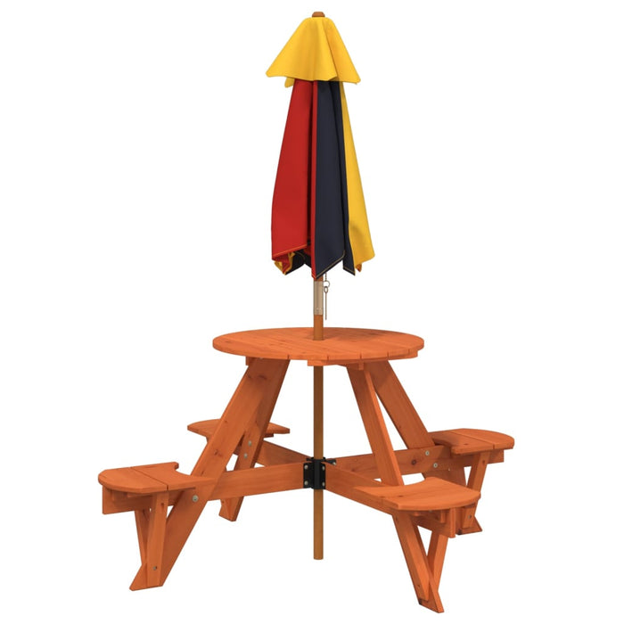 Masă picnic pentru 4 copii cu umbrelă, rotundă, lemn masiv brad WALTI