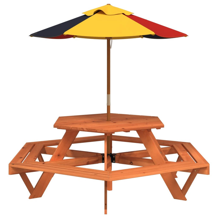 Masă picnic pentru 6 copii cu umbrelă, hexagon, lemn masiv brad - WALTI WALTI