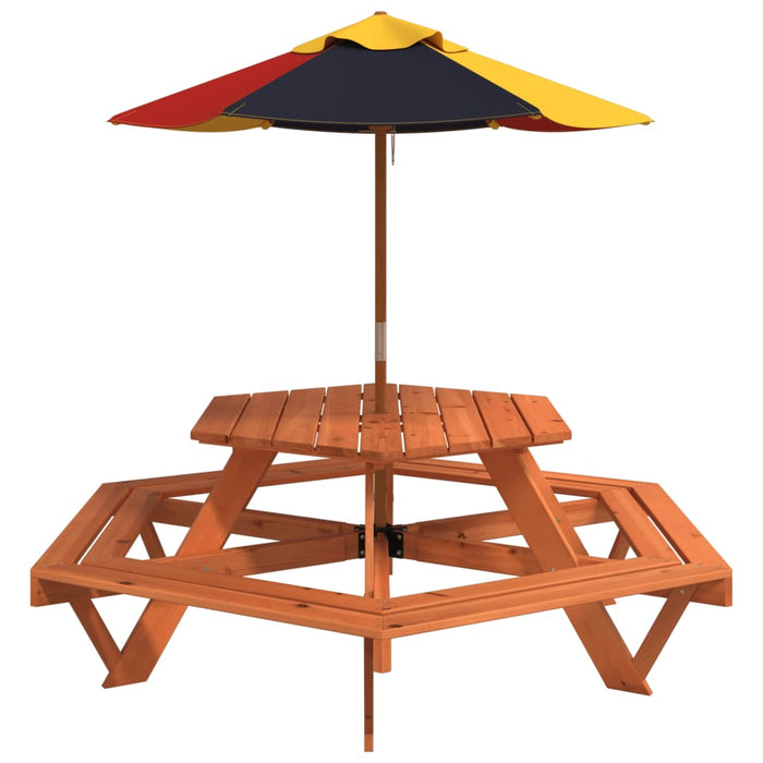 Masă picnic pentru 6 copii cu umbrelă, hexagon, lemn masiv brad - WALTI WALTI