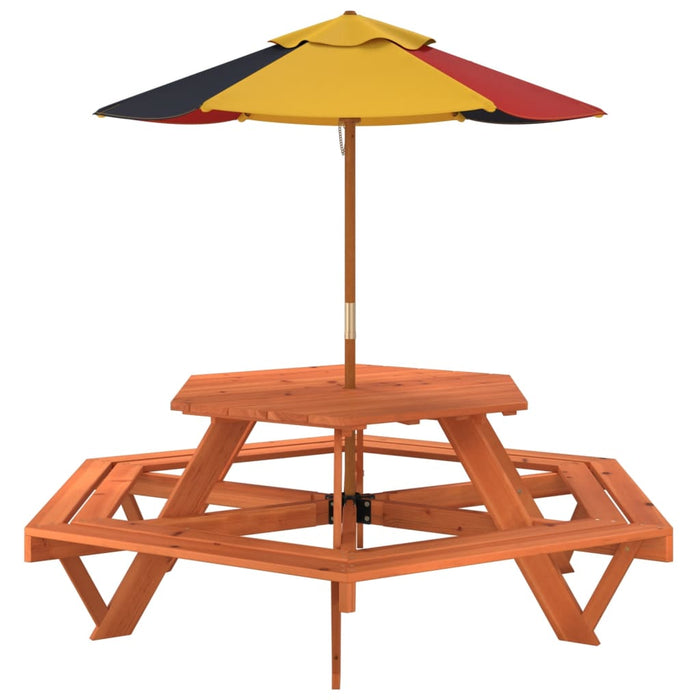 Masă picnic pentru 6 copii cu umbrelă, hexagon, lemn masiv brad - WALTI WALTI