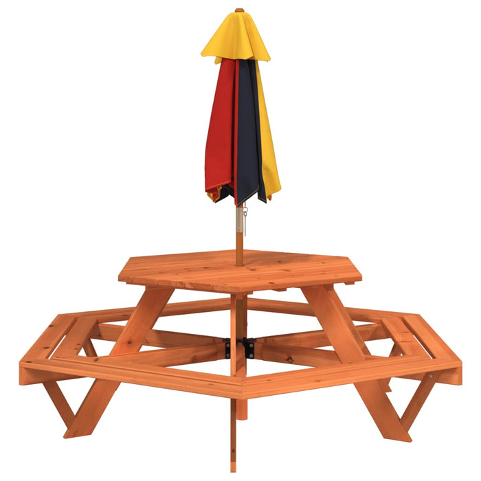 Masă picnic pentru 6 copii cu umbrelă, hexagon, lemn masiv brad - WALTI WALTI