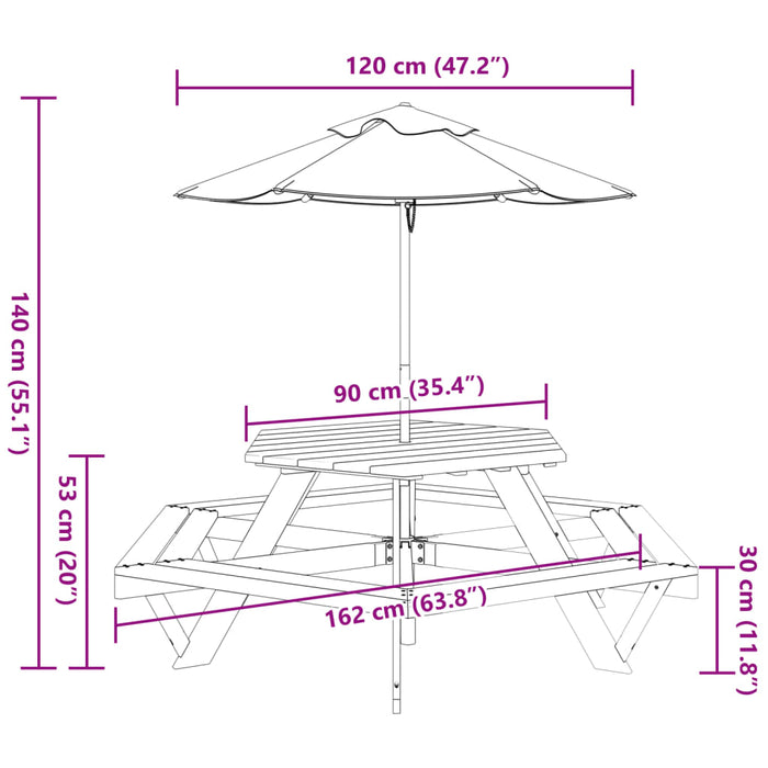 Masă picnic pentru 6 copii cu umbrelă, hexagon, lemn masiv brad - WALTI WALTI