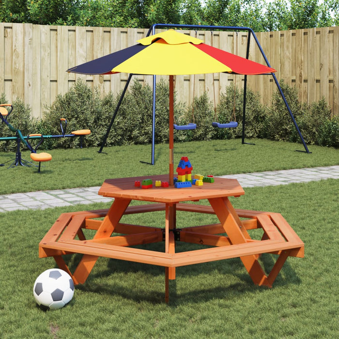 Masă picnic pentru 6 copii cu umbrelă, hexagon, lemn masiv brad - WALTI WALTI