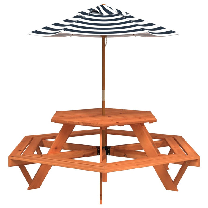 Masă picnic pentru 6 copii cu umbrelă, hexagon, lemn masiv brad - WALTI WALTI