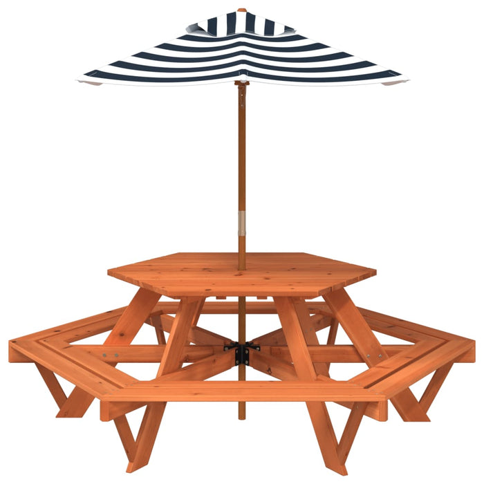 Masă picnic pentru 6 copii cu umbrelă, hexagon, lemn masiv brad - WALTI WALTI