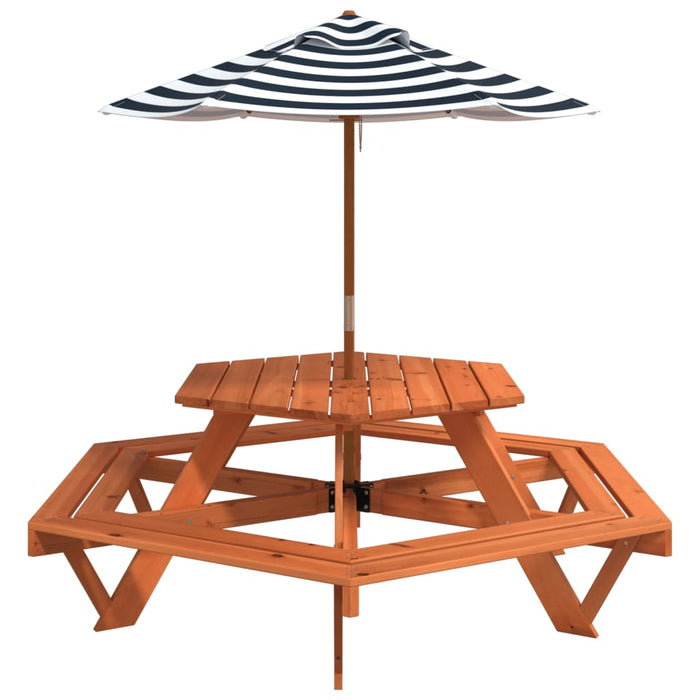 Masă picnic pentru 6 copii cu umbrelă, hexagon, lemn masiv brad - WALTI WALTI