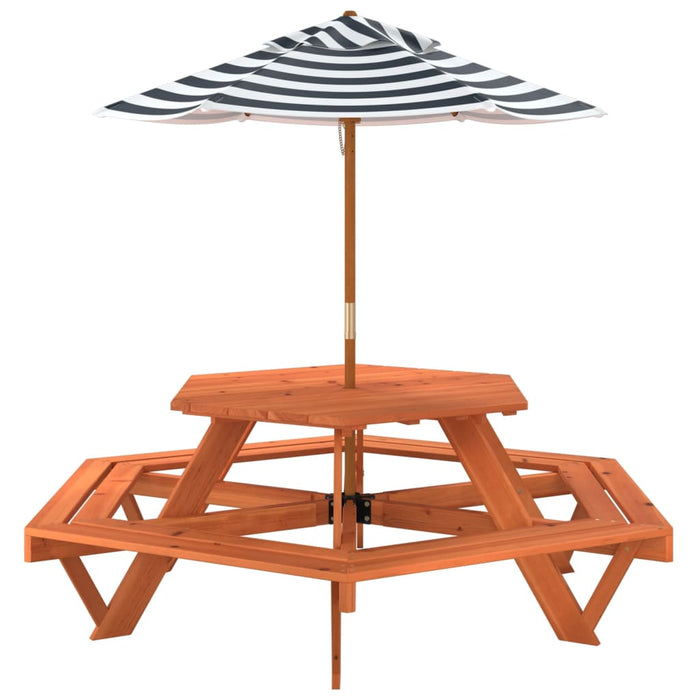Masă picnic pentru 6 copii cu umbrelă, hexagon, lemn masiv brad - WALTI WALTI