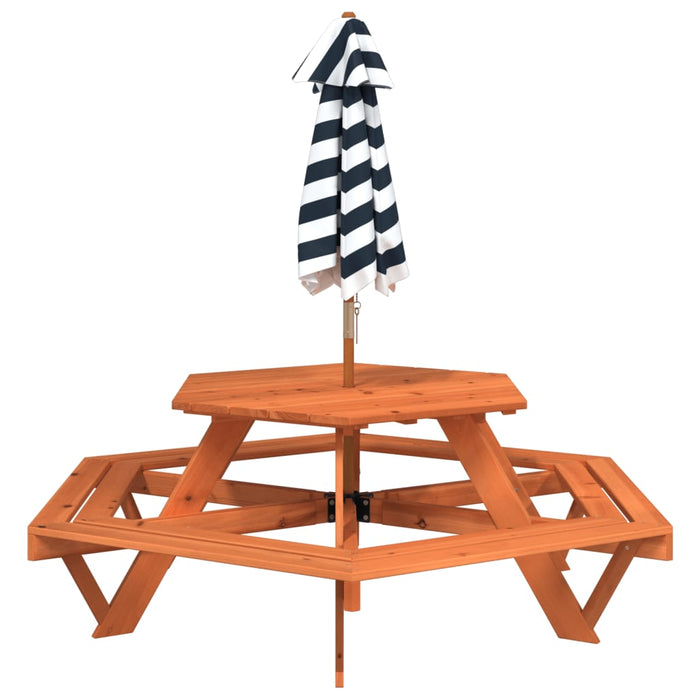 Masă picnic pentru 6 copii cu umbrelă, hexagon, lemn masiv brad - WALTI WALTI