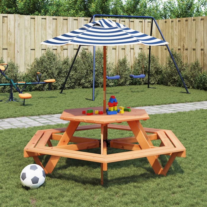 Masă picnic pentru 6 copii cu umbrelă, hexagon, lemn masiv brad - WALTI WALTI