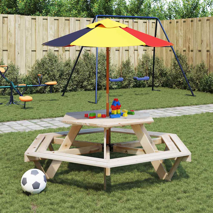 Masă de picnic pentru 6 copii cu bănci lemn masiv brad, hexagon - WALTI WALTI