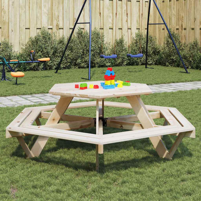Masă de picnic pentru 6 copii cu bănci lemn masiv brad, hexagon - WALTI WALTI