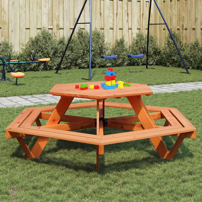 Masă de picnic pentru 6 copii cu bănci lemn masiv brad, hexagon - WALTI WALTI