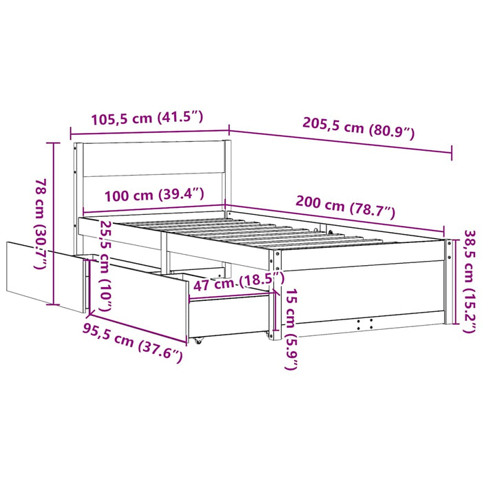 Cadru pat fără saltea, maro ceruit, 100x200 cm, lemn masiv pin - WALTI WALTI