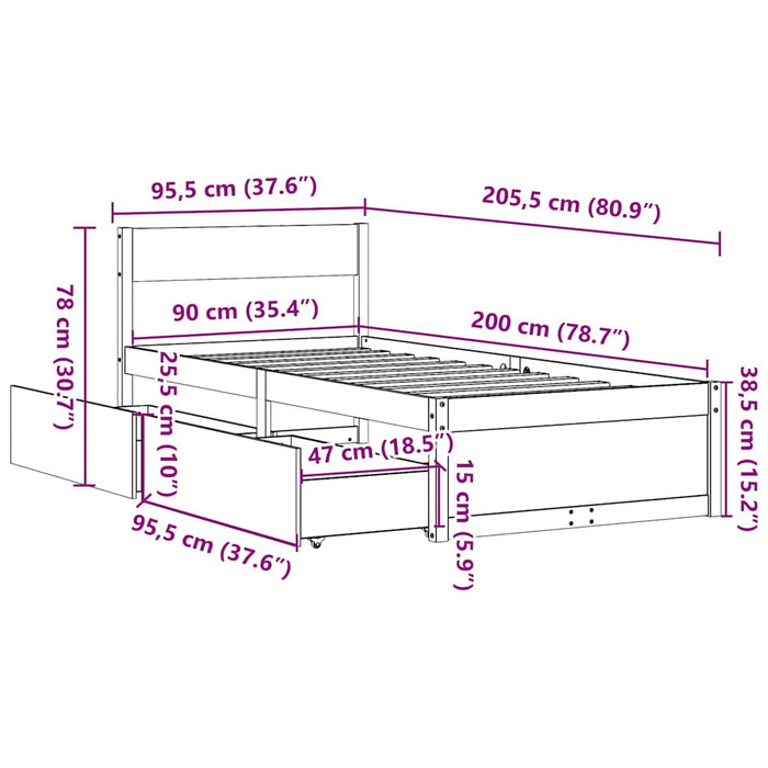 Cadru de pat fără saltea, 90x200 cm, lemn masiv pin WALTI