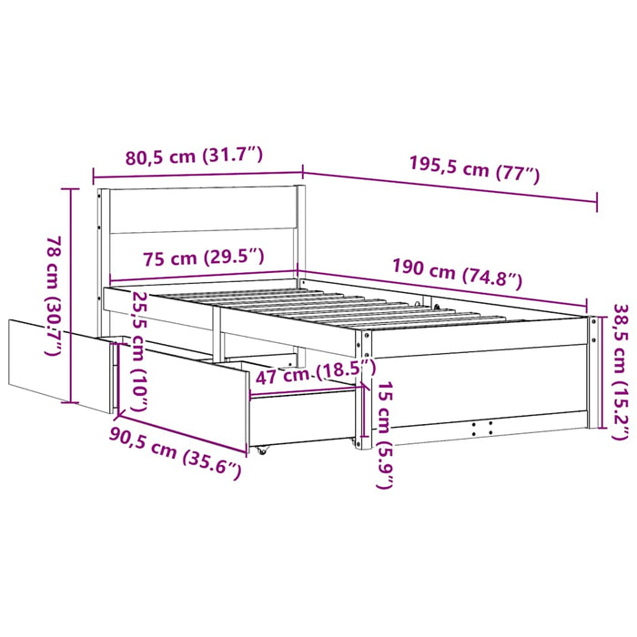 Cadru de pat fără saltea, 75x190 cm, lemn masiv de pin - WALTI WALTI